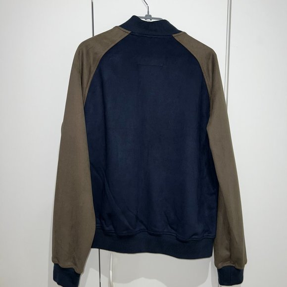 BR Banana Republic Men Vegan-Suede Bomber Jacket M Medium Preppy Navy - Picture 2 of 5